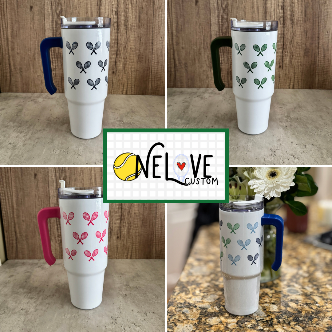 Tennis Tumbler - Cross Racket Design, 30 oz Tumbler with Handle - Navy