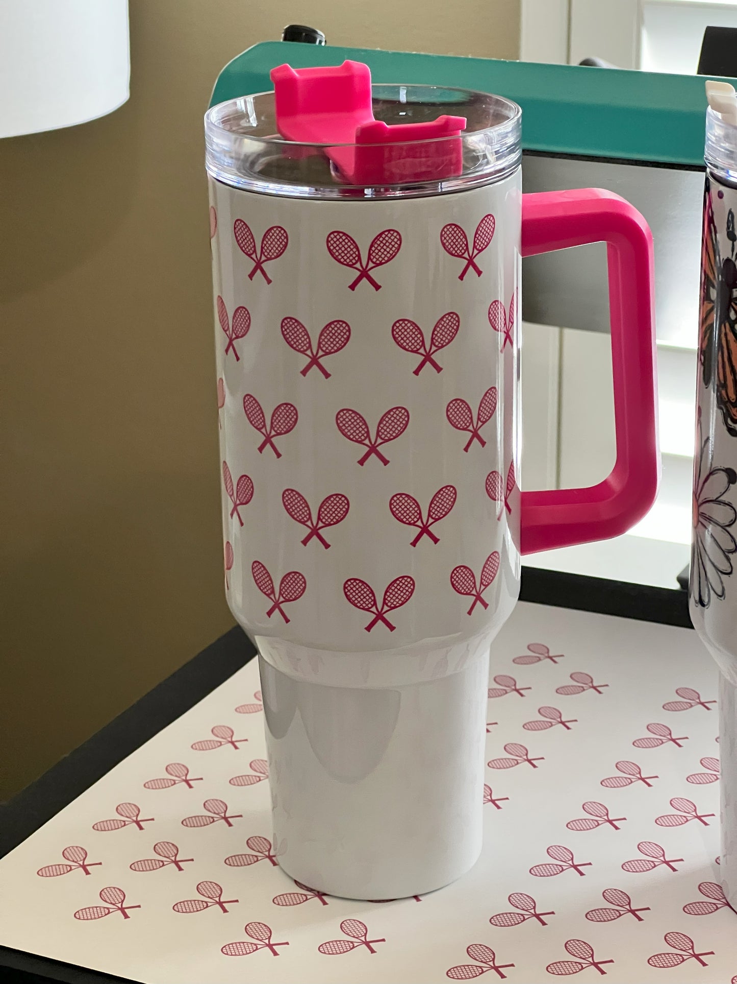 Tennis Tumbler - Cross Racket Design, 40 oz Tumbler with Handle - Barbie Pink