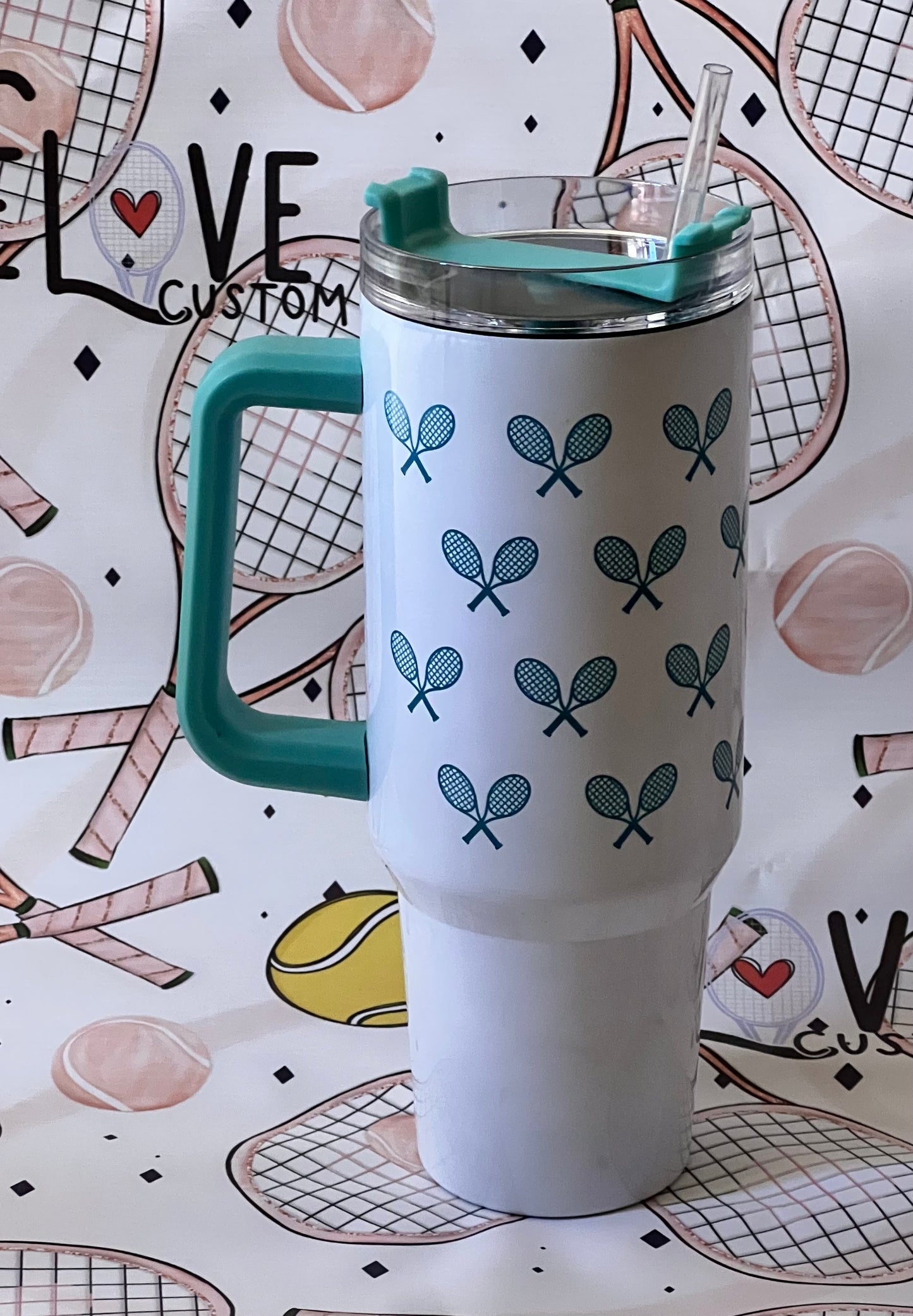 Tennis Tumbler - Cross Racket Design, 40 oz Tumbler with Handle - Teal
