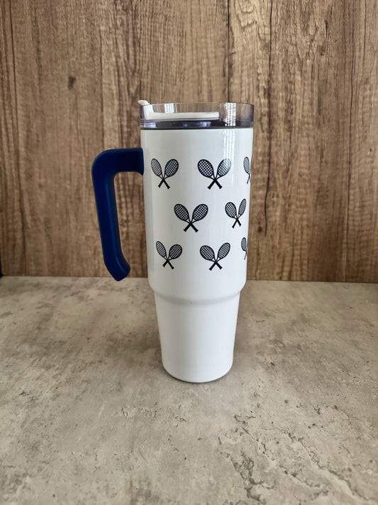 Tennis Tumbler - Cross Racket Design,  30 oz Tumbler with Handle - Navy