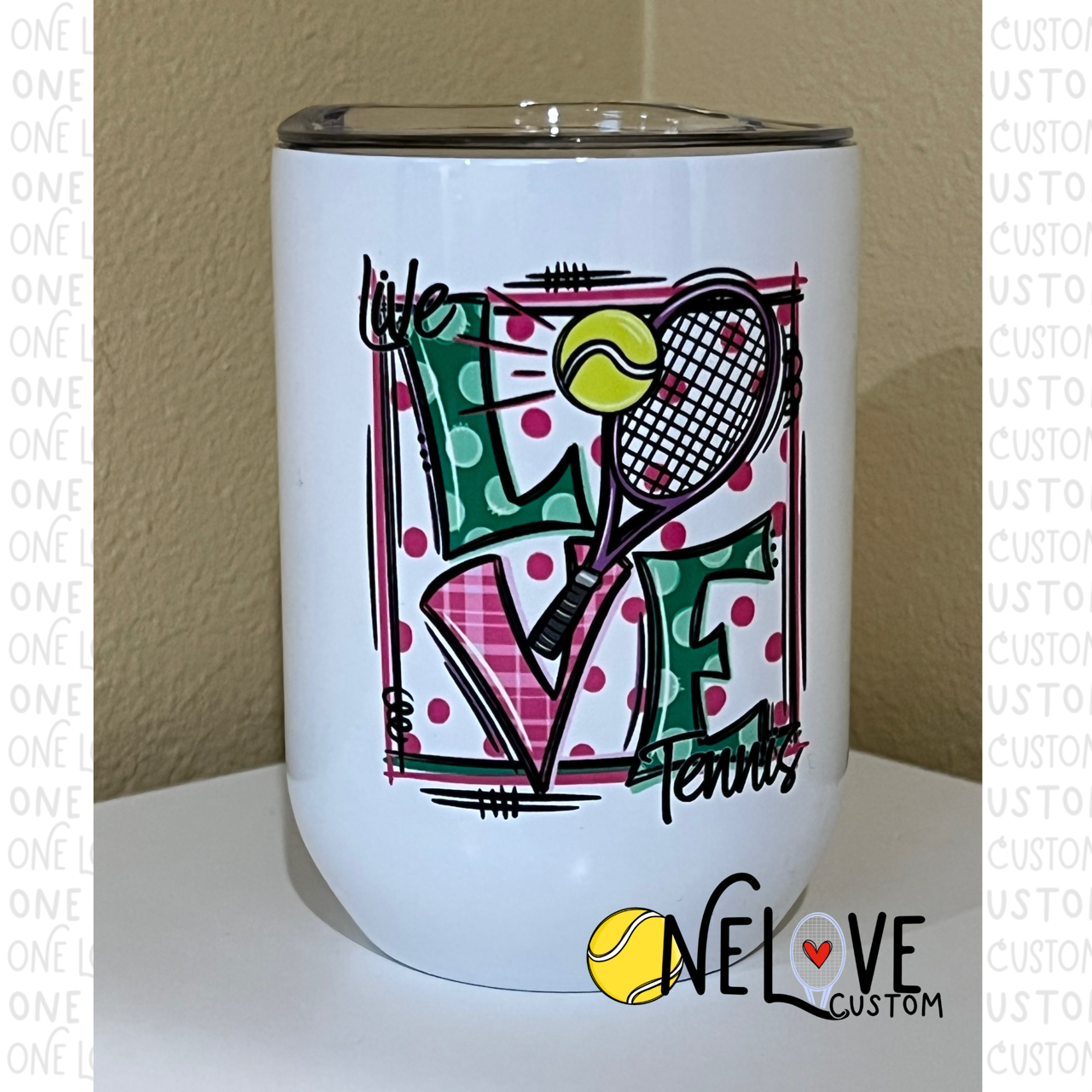 Live Love Tennis Pink and Green 11 oz Wine Tumbler EXCLUSIVE DESIGN