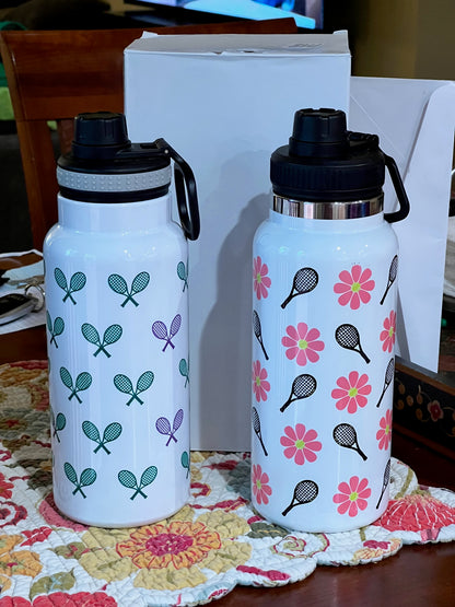 Flower Tennis Balls and Racket 32 oz or 20 oz Water Bottle